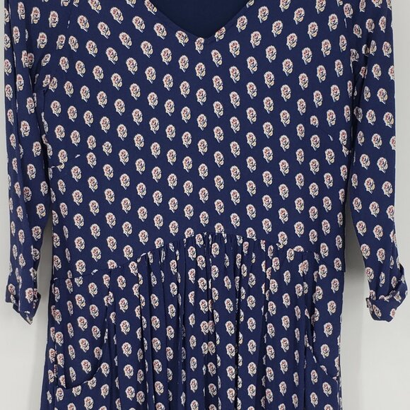 Garnet Hill Boho Floral Print A Line Dress 2 V Neck 3/4 Sleeves Navy Blue Red - Picture 5 of 9